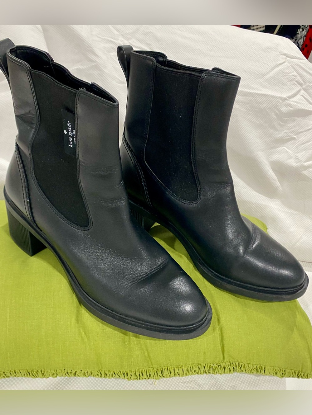 Like new- Kate Spade Black Leather Chelsea Block Heel Ankle Boots